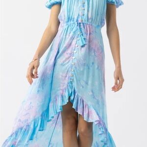 Tiare Hawaii Blue and Pink High-Low Sundress with Puff Sleeves